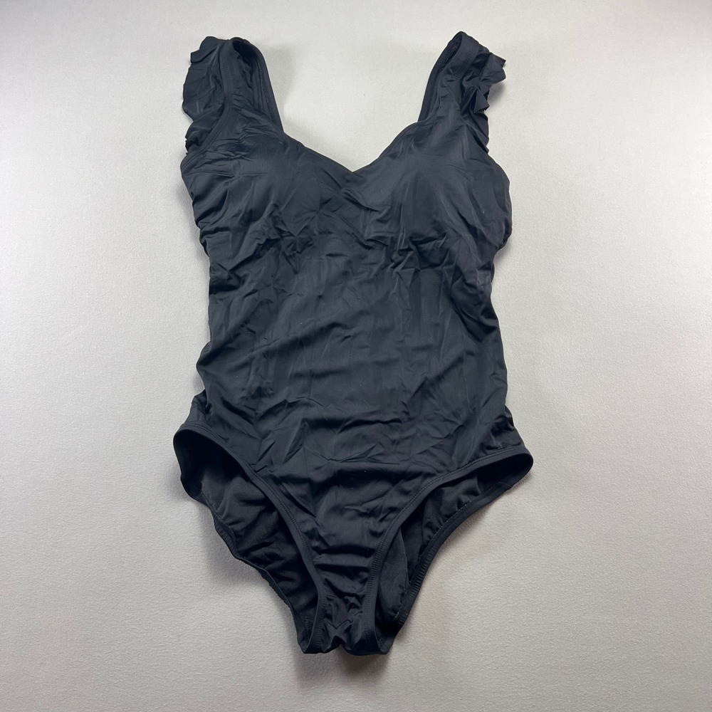 Time And Tru One Piece Swimsuit Womens 1X (16W-18W) Black Stretch Ruffled Strap